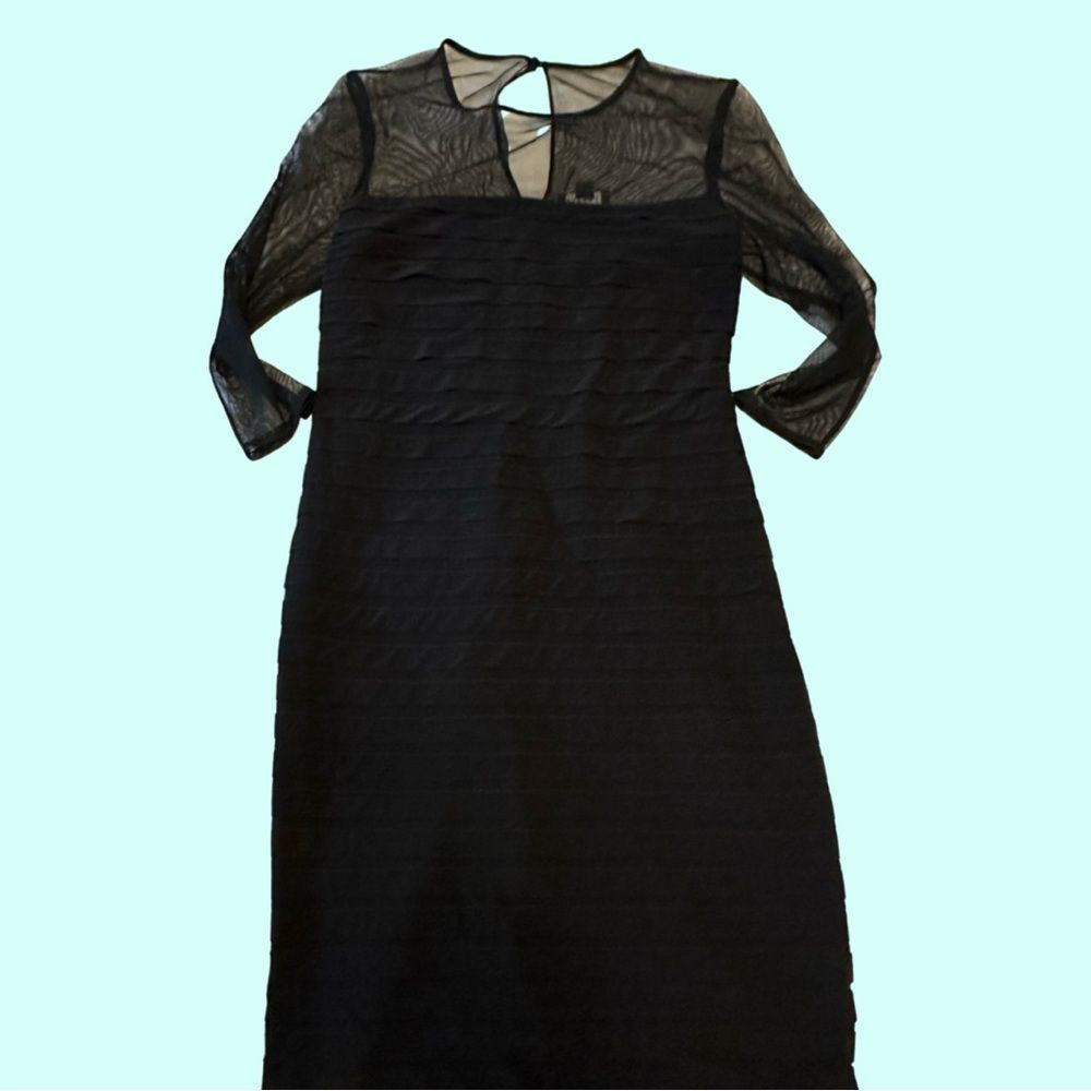 Adrianna Papell women's dress mini ruffles pleated 3/4 sleeve black mesh top